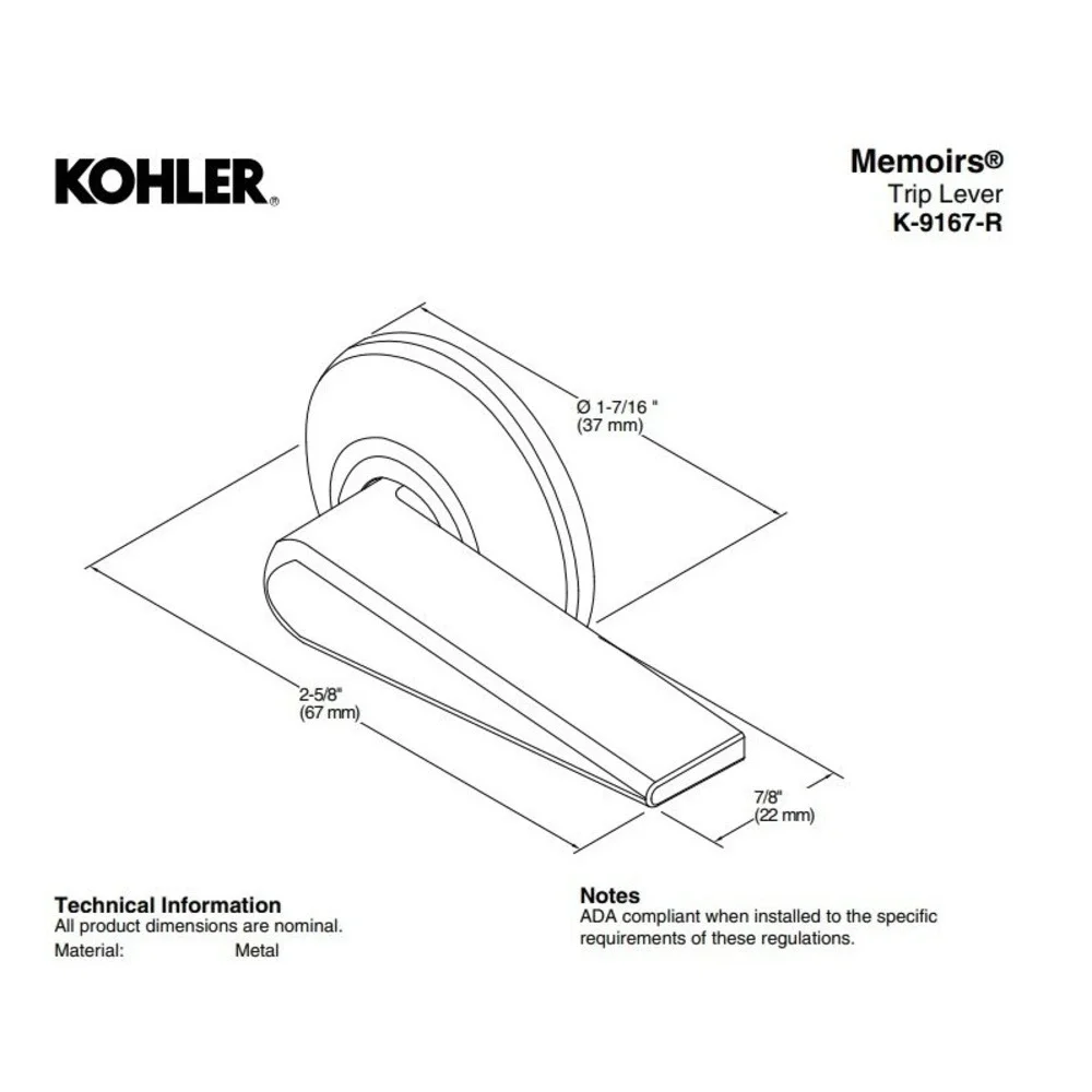 Kohler 9167-R-2BZ Memoirs Right Hand Trip Lever, Oil-Rubbed Bronze